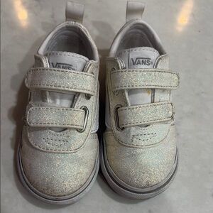 Size 6 Vans White Glitter Sneakers with Velcro Straps (Toddler)